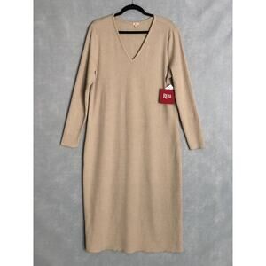 Reba Women's Medium Ribbed V-Neck Long Sleeve Midi Sweater Dress Tan NEW